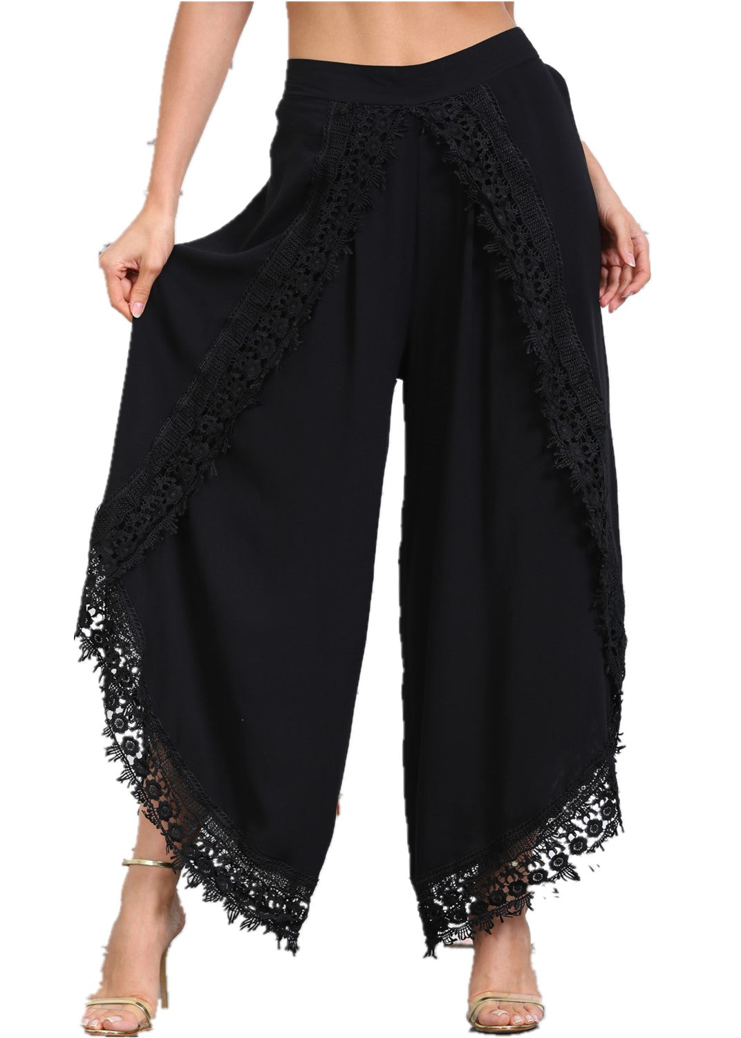 Women's Black High Waist Wide Leg Palazzo Pants with Lace Sides – Nyteez